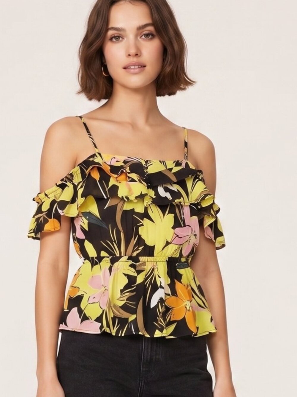 Who What Wear Size Medium NWT Floral Tank Top Yellow Black Hawaiian